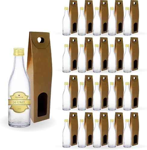 Espirito Rebelde 20 mini botellas de cristal de 50 ml con tapón de rosca dorado + caja | Alcohol 4 cl, frascos pequeños | Ideal para regalos, bodas