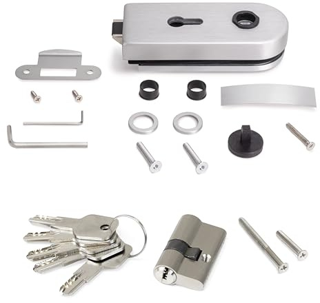 Emuca - Cerradura para puerta de cristal con marco, bombillo con llaves, puerta vidrio 8-12mm, acero y aluminio, anodizado mate