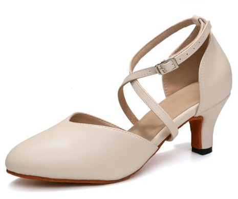 YCALCP Ballroom-dansskor för kvinnor Latin Salsa Stängd Tå Låg Klack Damer Öva Dans Skor,DSL666-Beige-6cm-S,EU 38.5