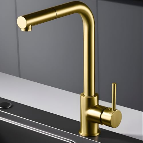 IMEX - Rubinetto da cucina estraibile | Rubinetto monocomando lavello | Rubinetto da cucina con manico flessibile a 360° | Serie Malta | colore oro spazzolato