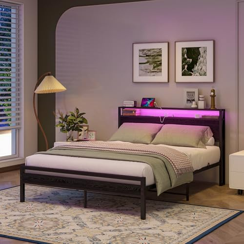 BORPHOM King Size Bed Frame with Storage and LED Lights,Charging Station,Metal Bed Frame King size Bed Base,Mattress Foundation,UnderBed Storage,Reinforced Steel Slat Support,Easy Assembly,Black