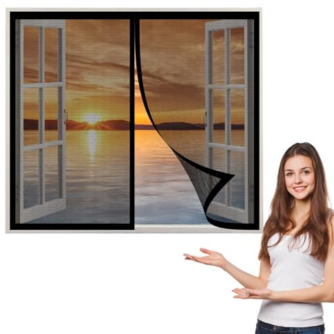 Magnet Fliegengitter Fenster 90 x 105 cm, Insektenschutz Feines Undurchdringliches Gitter, Kinderleichte Montage für Windows/Wohnzimmer Fenstern, Schwarz