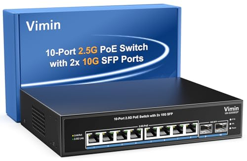VIMIN 10-Port 2,5G PoE Switch Unmanaged, 8X 2,5G Base-T PoE @130W+2X 10Gbps SFP, 8 Port PoE Switch mit 80Gbps Ethernet Switching Kapazität, Unterstützung von IEEE802.3af/at, VLAN, Metallgehäuse
