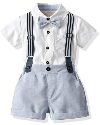 Volunboy Baby pojkar kostym set kläder skjorta med fluga hängslen shorts sparkdräkt kostym, Ljusblå vit, 9-12 månader