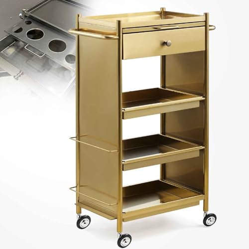 PQXQZ Salonwagen mit Rädern und 1 Schublade Multifunktionaler Salonwagen mit Rollfunktion für Friseure mit Haartrocknerhalter Beweglicher Friseurwagen(Gold)