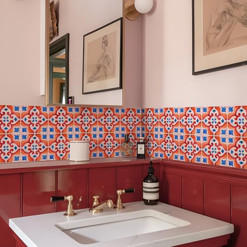 Alwayspon Lot de 10 autocollants pour carrelage rouge, bleu et orange, à décoller et à coller, pour cuisine et salle de bain