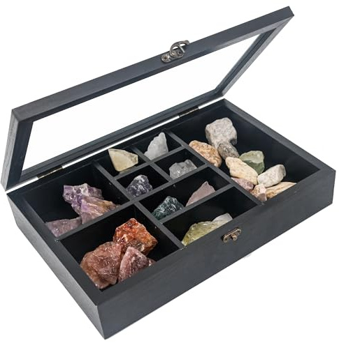 GMFrames Fels Vitrine Organisieren Sie Ihre Edelsteine in 9 Rastern,Kristallhalter für Steine-Display,Aufbewahrungsbox Crystal Organizer Schwarz