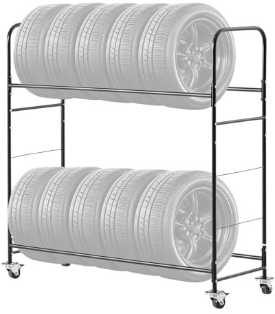 VEVOR Étagère à Pneus Capacité 12PCs, Support de Rangement pour Pneus à 2 Niveaux, Chariot pour Pneus en Acier Robuste, Charge 180 kg, Hauteur Réglable, avec Housse de Protection, pour Atelier Garage