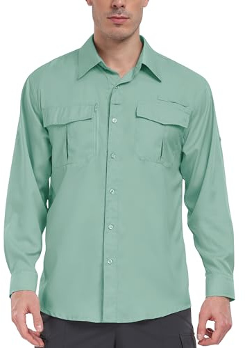 MoFiz Camisa Deportiva de Manga Larga para Hombre Camisa Ligera de Pesca Senderismo Protección UV para Exteriores Funcional Camisa Transpirable de Secado Rápido Verde Claro EU XL