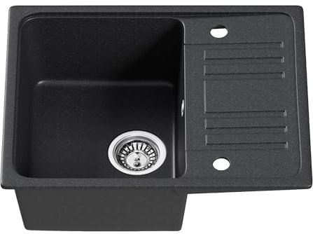 HOROW Fregadero de granito en negro, 1 lavabo empotrable, 57 x 45 cm, fregadero de cocina con instalación reversible, moteado, fregadero con sifón y desagüe