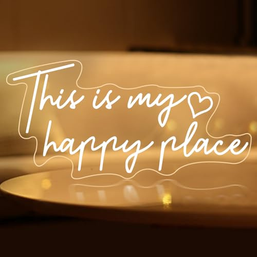 Letrero de neón con texto en inglés «This is My Happy Place», luz LED blanca cálida, decoración estética de habitación para adolescentes, letreros de luz de neón para dormitorio, salón, dormitorio