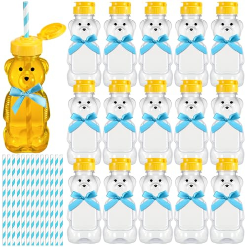Honeydak 16 Sets 8 oz Plastic Honey Bear Bottles Honey Squeeze Bottles with Flip Top Lid Straws Bow Empty Bear Shaped Jar Container Cup for Baby Shower Birthday Party Decoration(Blue)