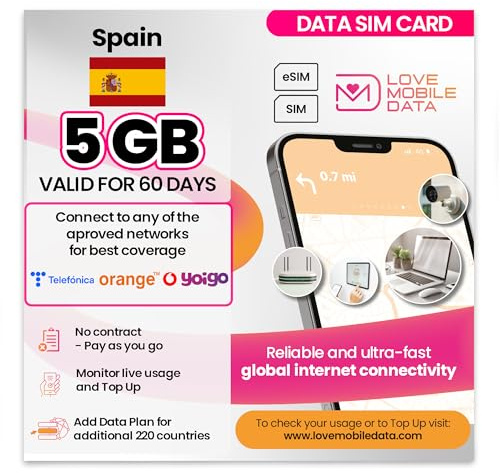 Love Mobile Data Only Sim Card - International Multi-Network 4G/5G Prepaid Pay As You Go Data Sim for Mobile Phones, WiFi Routers, & More, UK & Spain - 5GB for 60 Days