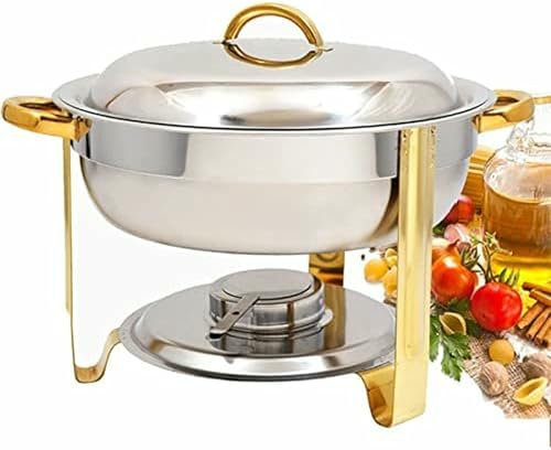 HOTAPEPU Ensemble de réchauds plaqués Or de 3,5 L, Plateau Chauffant Rond et Durable en Acier Inoxydable avec Couvercle, bac à Nourriture et Support de Combustible, pour fête, Restaurant, Mariage