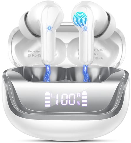 Cuffie Bluetooth, Auricolari Bluetooth 5.4 con 4 HD Mic, 2025 Cuffiette Bluetooth Stereo HiFi, 45 Ore Cuffie Wireless In Ear con LED Display, ENC Cancellazione Rumore, IP7 Impermeabili, Touch Control