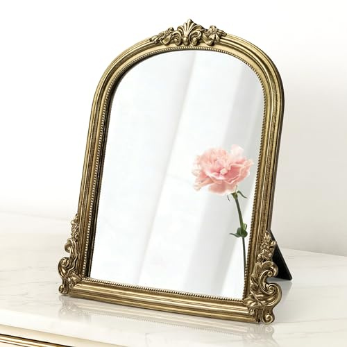 AELS 11.7x10.8 Antique Gold Makeup Mirror, Vintage Arendahl Tabletop Vanity Mirror with Stand, Small Arched Mirror Wall Decor for Living Room Bedroom, Ornate Baroque Mirrors Luxury Home Decor