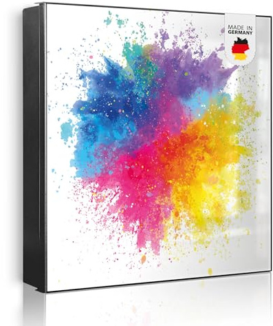 banjado Großer Schlüsselkasten Metall - Schlüsselbox 30x30cm beschreibbarer mit 32 Haken - Schlüsselkasten modern für Schlüsselaufbewahrung - Korpus Schwarz Scharnier Rechts - Motiv Farbexplosion 2