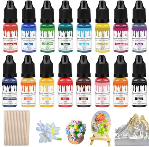 Hcunbsu Pigmentos de color para polvo de fundición, 16 x 20 ml de pintura para polvo de fundición con 16 varillas agitadoras, pigmento a base de agua para modelismo, bricolaje y proyectos creativos