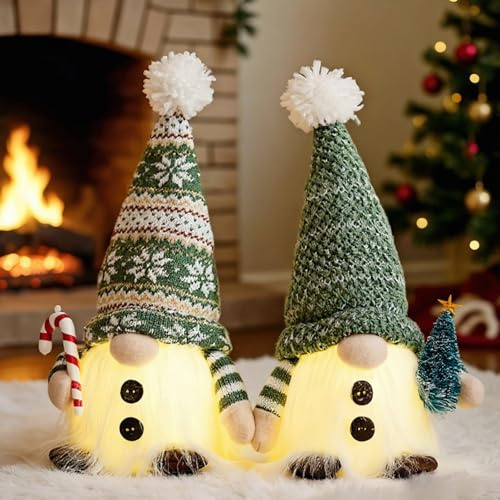 Weihnachtsdeko Wichtel Beleuchtet, 2 Stück Weihnachtswichtel Figuren mit LED Licht, Weihnachten Deko Leuchtende Wichtel Figuren, Grün Plüsch Wichtel Puppen für Weihnachtsdeko Innen, Tischdeko (F)