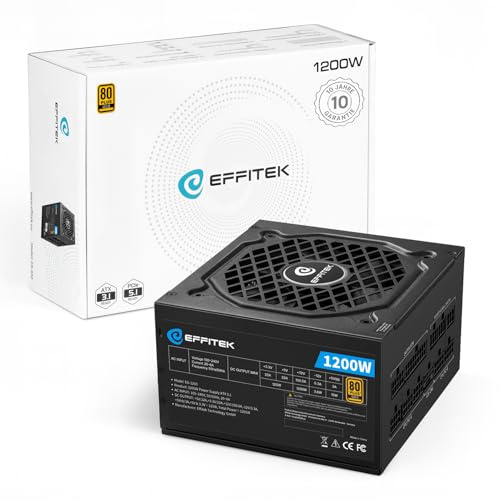 EFFITEK 1200 Watt Netzteil Vollmodular für PC Gaming ATX 3.1 und PCIe 5.1 kompatibel [Gold Serie] 80 Plus Gold I 12V Netzteil I für PC Gehäuse ATX I Power Supply I ATX Netzteil I 12V 2x6 Kabel 600W