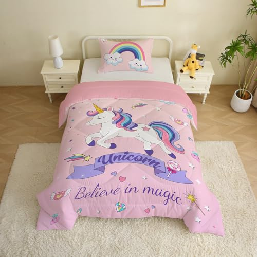 MUSOLEI Kids Single Coverless Duvet Girls Unicorn for All Seasons Single Quilt 3D Patterns Comforter 135x200 with 50x75 pillowcase Pink