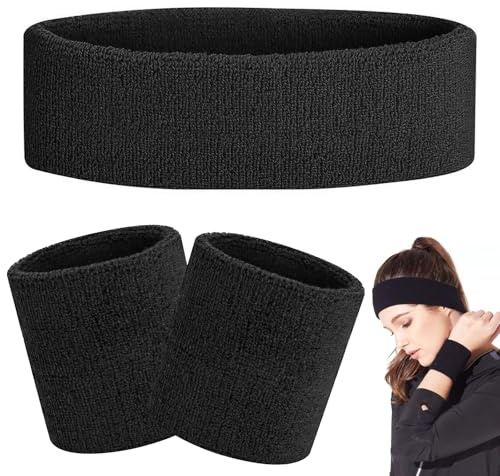 3 stycken svettband set, 1 pannband och 2 svettband, svettband för barn, polyester svettband handled, svarta svettband barn, tennis svettband män för löpning, basket och tennis