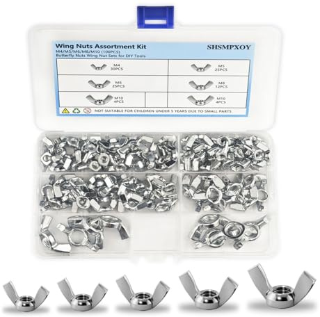 SHSMPXOY 100 Stücke Flügelmutter M4/M5/M6/M8/M10 Kohlenstoffstahl Flügelmuttern Sortiment Kit Schmetterlingsmutter Wing Nut Kits für Heimwerker DIY Tools, Elektronische Geräte