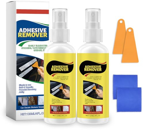 2 Sets Sticky Stuff Remover, Adhesive Remover with Scraper & Cleaning Cloth, Easy Removal of Sticker Residue Labels Decals Chewing Gum on Glass Plastic Carpet Cars