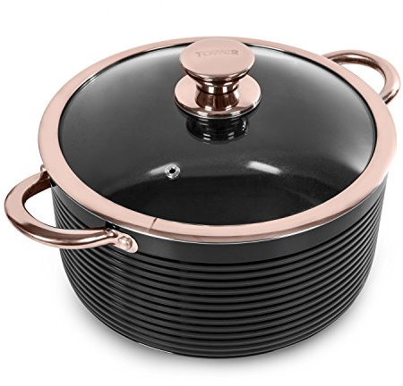 Tower T800002RB Casserole Dish with Lid, Linear Collection with Easy Clean Non-Stick Ceramic Coating, Aluminium, Black and Rose Gold, 4 Litres