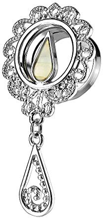 Piercingfaktor Flesh Tunnel Ohr Piercing Plug Ohrpiercing Ear Edelstahl Vintage mit Perlmutt Tropfen Strass Kristall Anhänger Silber 12mm