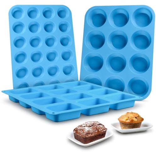 CAKETIME Silicone Muffin Pan - Cupcake Pan, Mini Loaf Pan Silicone Baking Molds Food Grade 3-Pack
