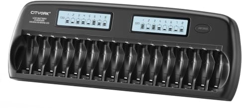 Palobatteryuk NC31 CITYORK 16 Bays/Slots Smart Battery Charger,AA,AAA,Ni-MH,Ni-CD Rechargeable Batteries Charger with Intelligent LCD Display & Discharging and Built-in IC Protection,Black