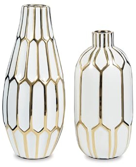 Signature Design by Ashley Mohsen Honeycomb Ceramic 2 Piece Bottle Neck Vase Set, White & Gold