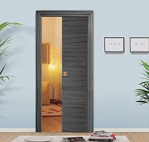 Porta scorrevole a scomparsa interno muro con chiusura Ammortizzata in laminato Rovere Grigio Finitura Cromata