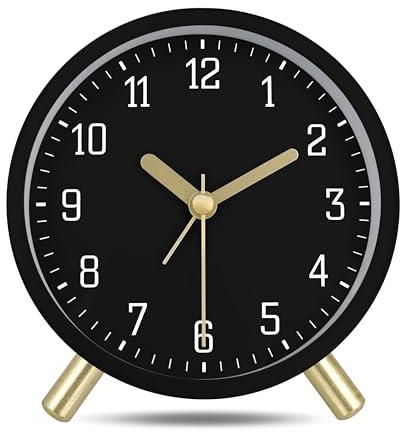 Lafocuse Métal Reveil Matin Analogique Silencieux, avec Lumière de Nuit, Noir Moderne Classique, Simple Horloge de Table pour Chambre Chevet 11cm
