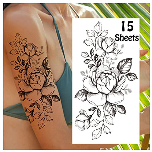 LEADTEAM 15 Blätter Fake Tattoos Erwachsene, Temporäre Tattoos 3D Rose Tattoo Klebe Tattoo Wasserfeste Tattoo Aufkleber Arm Tattoo, Klebetattoos Frauen Tatoos Damen Weihnachten Adventskalender