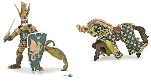 Papo-Lot de 2 Figurines - Collection Médieval - Fantastique - Maître des Armes cimier Dragon + Cheval du maître des Armes cimier Dragon