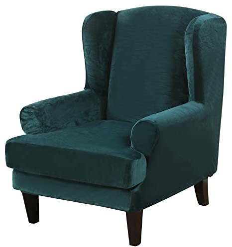 Wingback Chair Cover 2 Piece Set - 2 IN 1 Design Removable High Stretch Soft Velvet Wing Back Chair Covers Armchair Slipcover Protector for Living Room Bedroom Hotel (Dark Green, Velvet)