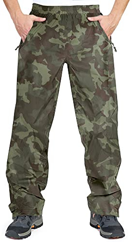 33,000ft Men's Waterproof Trousers Lightweight Breathable Rain Overtrousers with Pockets, Outdoor Windproof Rain Pants for Golf Walking Hiking Fishing Camouflage Green M/32 Inseam