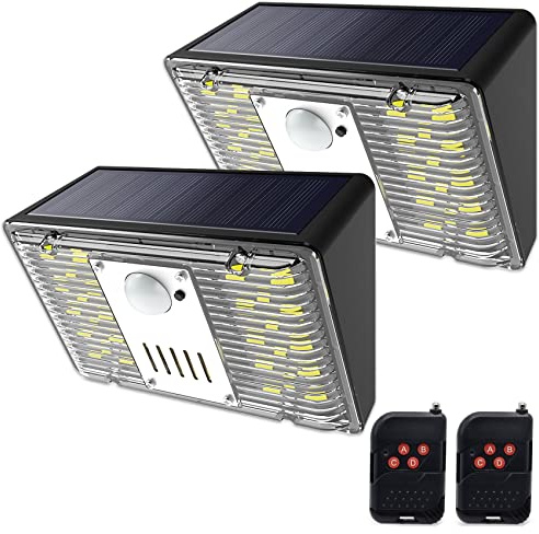 DINOWIN Solar Alarm Bewegungsmelder mit Fernbedienung, 129dB Wasserdicht Warnung Blinklicht mit 3 Modi Horn Strobe Sirene Wandleuchte für RV Wohnmobil Lager Bauernhof Garage (2 Stück)