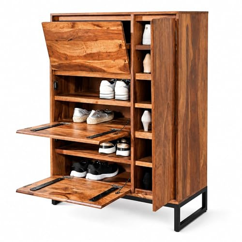 FineBuy Schuhschrank 88x40x120 cm Sheesham Massivholz | Schuhkommode aus Echtholz mit Ablagefläche für Deko und Schlüssel, Flurschrank handgefertigt, Unikat