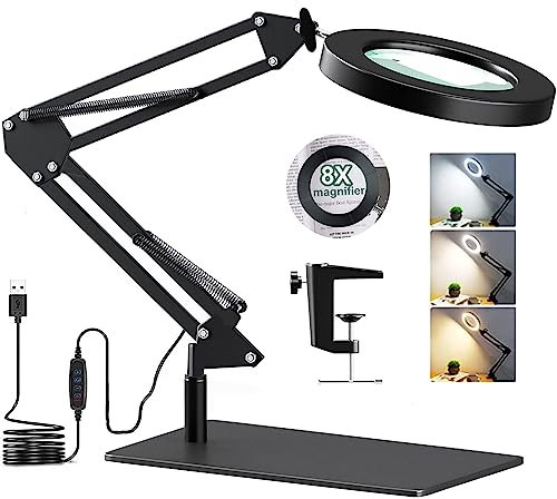 Lampe de Bureau avec Loupe 8X et LED, Lampe Loupe sur Pied 2-en-1 avec Base et Pince, 3 Modes de Couleur,10 Niveaux de Luminosité,Lampe Bras Pivotant Réglable pour Artisanat
