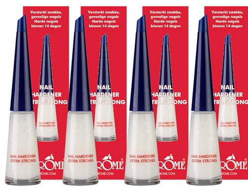 Herome 4-pack nagelhärdare extra stark (Nail Hardener Extra Strong) – nagelförstärkare garanterat fasta naglar, redan efter åtta dagar är de första resultaten märkbara. - 4 x 10 ml.