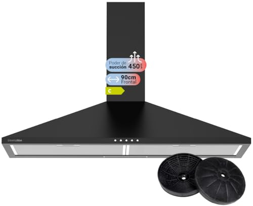 UNIVERSALBLUE Campana Extractora Piramidal Negra 90 cm | Extractor Aire | Filtros de Carbono | 3 Velocidades | Control por Botones | Clase Energética C | Campana Sin Salida de Humos