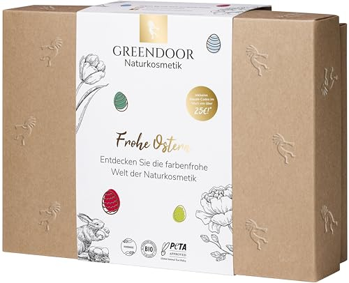GREENDOOR Geschenkset Ostern, 24 Stück GREENDOOR Naturkosmetik Produkte im Wert von ca 110 Euro in kleinen Packungsgrößen, Rabatt Codes auf den Faltschachteln