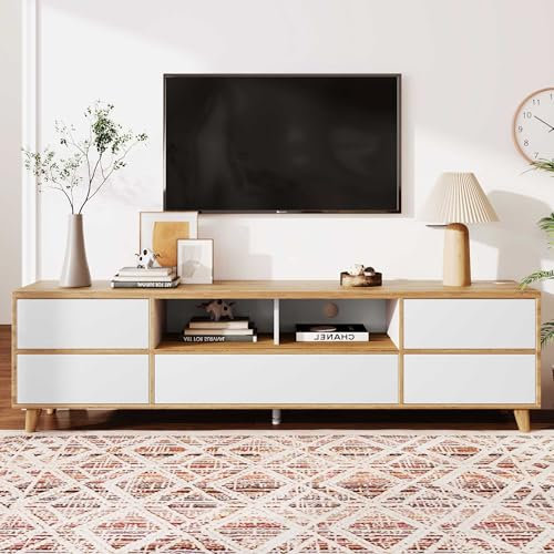 NIUAWASA TV-Schrank, Lowboard Wohnzimmermöbel in Weiß und Holzfarben Fächern und Türen im Natürlichen Landhausstil