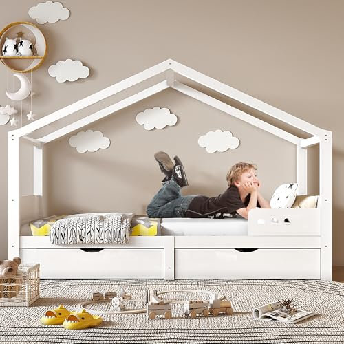 Idemon Kinderbett Kinderbett mit Doppelschublade, Absturzsicherung Kinderbett Stabiler Lattenrost, Kiefer Umweltzertifikat Kinderbett 90 x 200 cm, ohne Matratze Weiß