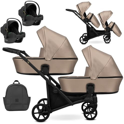 Cochecito gemelar Kunert Brav Duo BBtwin 3en1 polipiel carro doble trio eco-cuero tres piezas para gemelos (brown)