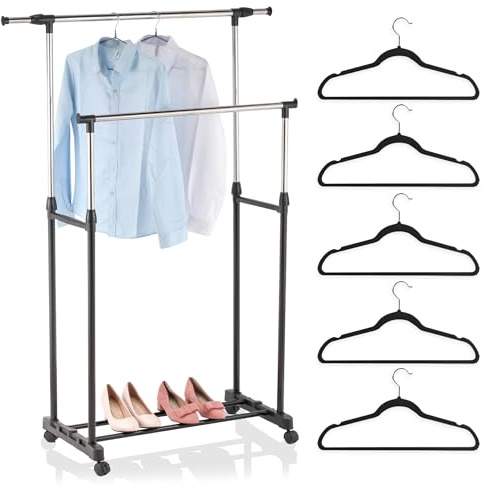 K AKTUAL Burro ropa doble con ruedas - Barra extensible para colgar más prendas - Medida 89-145 x 43 x 90-160 cm - Perchero burro resistente - Incluye 5 perchas de terciopelo