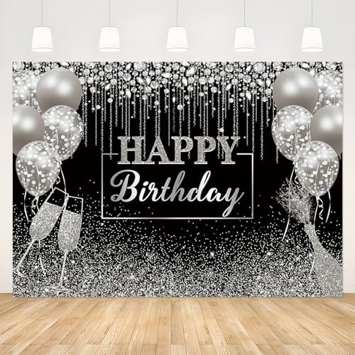 APROPHIC Schwarz Geburtstag Banner Fotohintergrund Glitzer Ballon Geschenk Diamant Geburtstagsbanner Fotografie Hintergrund Happy Birthday Banner Hintergrund Deko 2.1 x 1.5 m